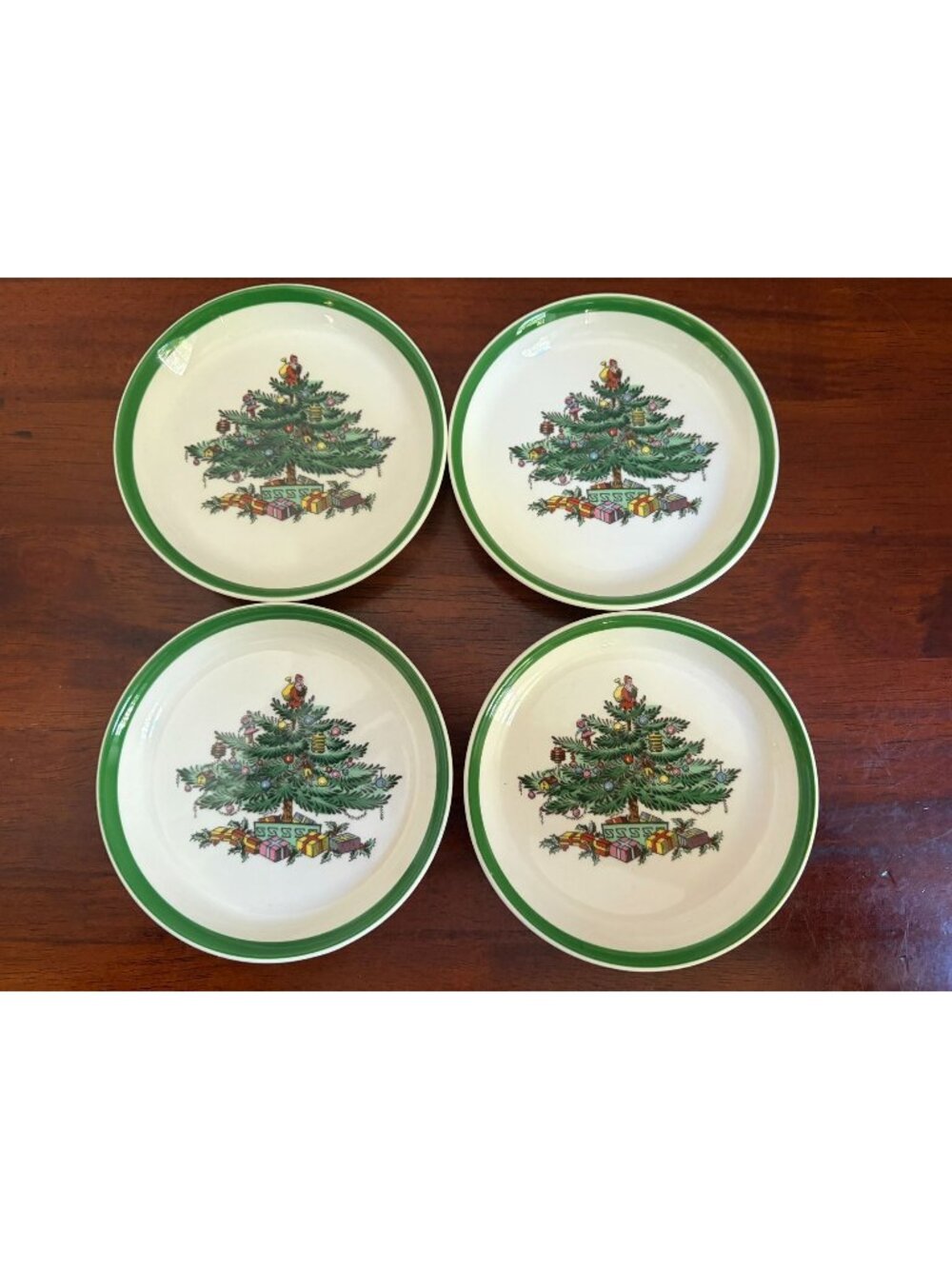 Spode Christmas Tree 4" Round, Green Rimmed Fruit Saucers, England (Qty. 4)